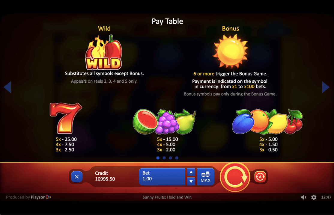 SUNNY FRUITS HOLD AND WIN ONLINE SLOTS PAYTABLE
